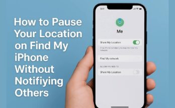 A hand holding an iPhone displaying the 'Me' screen in the Find My app, showing location sharing options. The text beside the phone reads: 'How to Pause Your Location on Find My iPhone Without Notifying Others' against a light blue background.