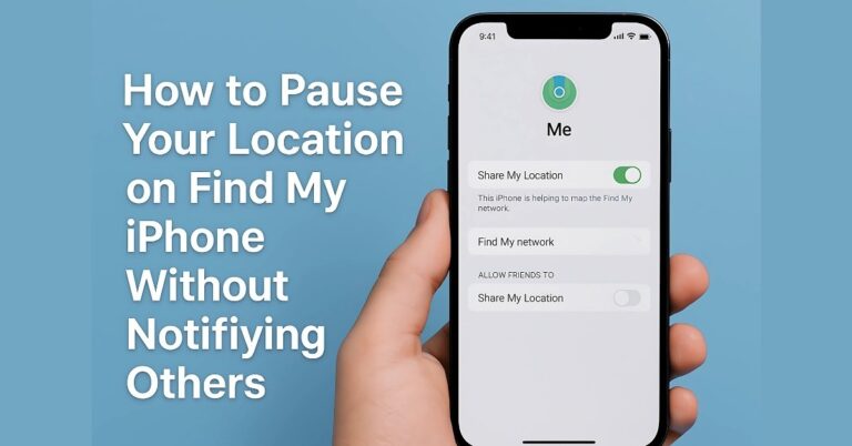 A hand holding an iPhone displaying the 'Me' screen in the Find My app, showing location sharing options. The text beside the phone reads: 'How to Pause Your Location on Find My iPhone Without Notifying Others' against a light blue background.