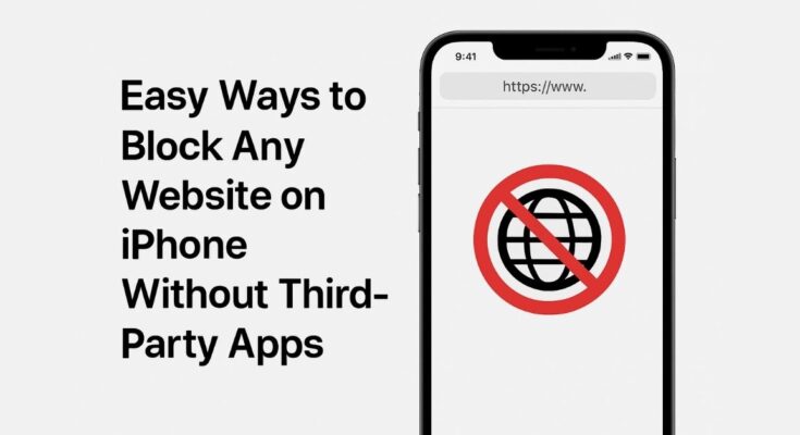 "Illustration showing an iPhone with a blocked website symbol and centered bold text that reads 'Easy Ways to Block Any Website on iPhone Without Third-Party Apps'—highlighting iOS native privacy and restriction features."