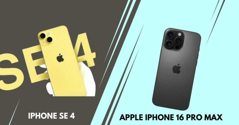 "Side-by-side image comparison of iPhone SE 4 in yellow and iPhone 16 Pro Max in black, showcasing design differences – iPhone SE 4 vs iPhone 16."