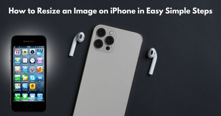 "iPhone devices with AirPods displaying how to resize an image on iPhone tutorial with the main title text overlaid on dark background"