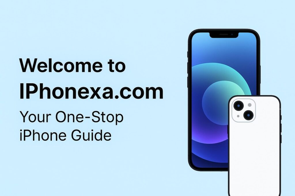 "Welcome banner for IPhonexa.com featuring iPhones, blog highlights, wallpapers, and case reviews in a modern digital design."