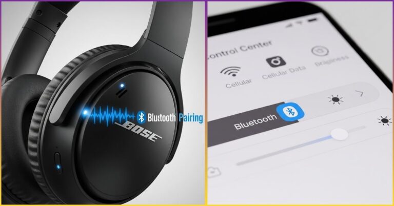 "Split-screen image showing Bose headphones with Bluetooth pairing indicator and iPhone Control Center Bluetooth settings demonstrating how to connect Bose headphones to iPhone"