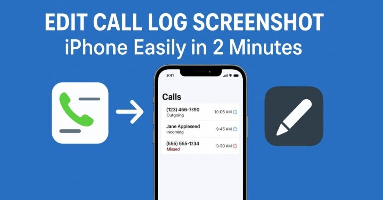 "Instructional graphic showing how to edit call log screenshot on iPhone in 2 minutes, with phone call icon, iPhone screen of call history, and edit icon on blue background."