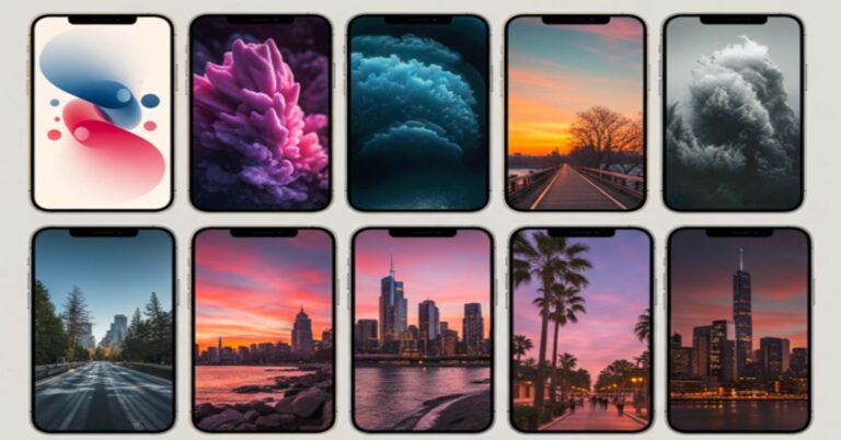 "Ten premium iPhone 14 Pro Max wallpaper options showcasing abstract art, purple flowers, ocean waves, cityscapes, and nature photography"