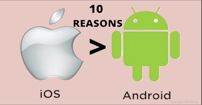 "Apple iOS logo versus Android logo comparison graphic illustrating 10 reasons why iPhone is better than Android for smartphone users"