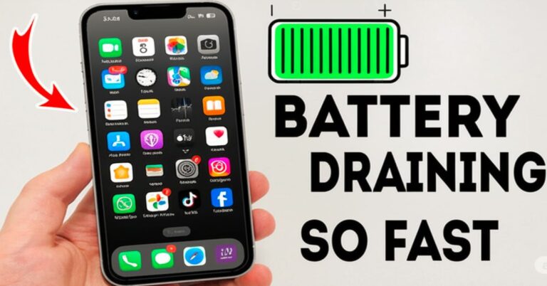 "iPhone home screen with battery draining indicator demonstrating why is my iPhone battery draining so fast with multiple apps running"