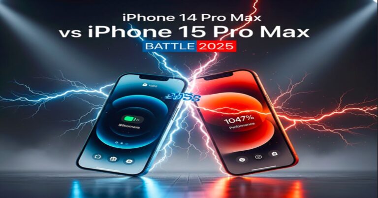 "iPhone 14 Pro Max vs iPhone 15 Pro Max Battle 2025 performance battle with lightning effects showing blue iPhone 14 Pro Max at 295% performance versus red iPhone 15 Pro Max at 1047% performance"
