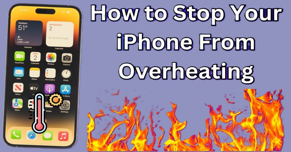 "iPhone displaying temperature warning icon demonstrating how to stop your iPhone overheating problem with flames in background"