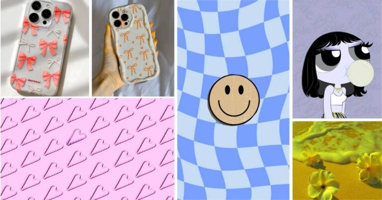 "iPhone Preppy Wallpaper collection featuring bow patterns, smiley faces, checkered designs, cartoon characters and floral elements in preppy color palette"