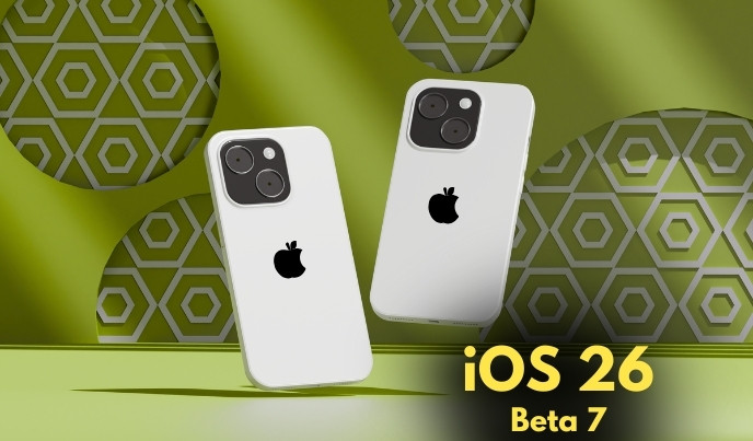 Two white iPhones displaying iOS 26 beta 7 branding against green geometric background pattern
