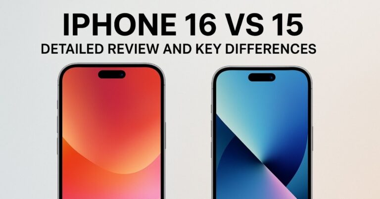Side-by-side comparison of iPhone 16 and iPhone 15 with vibrant screens, showing design and display differences under the title “iPhone 16 vs 15 – Detailed Review and Key Differences.
