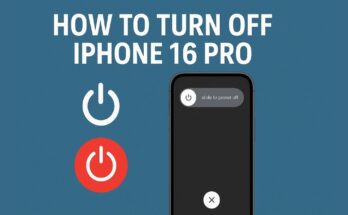 Illustration showing how to turn off iPhone 16 Pro with power symbols and the “slide to power off” screen in a step-by-step guide format.