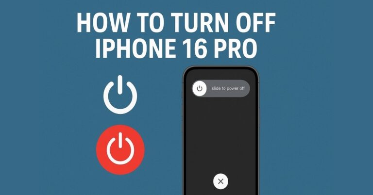 Illustration showing how to turn off iPhone 16 Pro with power symbols and the “slide to power off” screen in a step-by-step guide format.