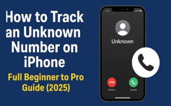 “iPhone screen showing incoming call from an unknown number with text guide on how to track it in 2025”