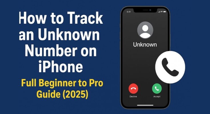 “iPhone screen showing incoming call from an unknown number with text guide on how to track it in 2025”