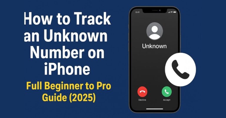 “iPhone screen showing incoming call from an unknown number with text guide on how to track it in 2025”