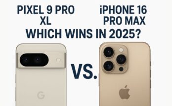 Side-by-side comparison of Pixel 9 Pro XL vs iPhone 16 Pro Max showcasing design and camera features on a stylish blue background.