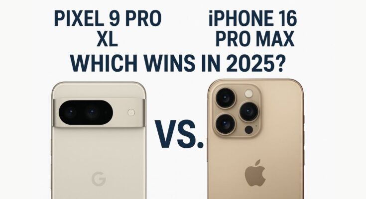Side-by-side comparison of Pixel 9 Pro XL vs iPhone 16 Pro Max showcasing design and camera features on a stylish blue background.