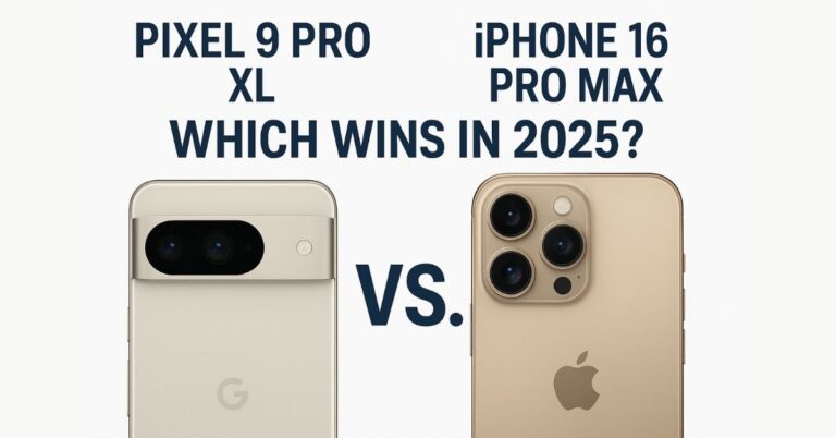 Side-by-side comparison of Pixel 9 Pro XL vs iPhone 16 Pro Max showcasing design and camera features on a stylish blue background.
