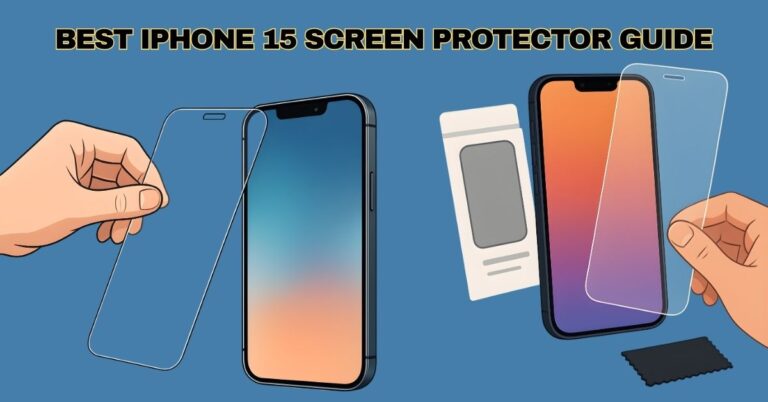 "Illustration of an iPhone 15 with a screen protector being aligned by hand, shown with packaging and cleaning cloth on a blue background."