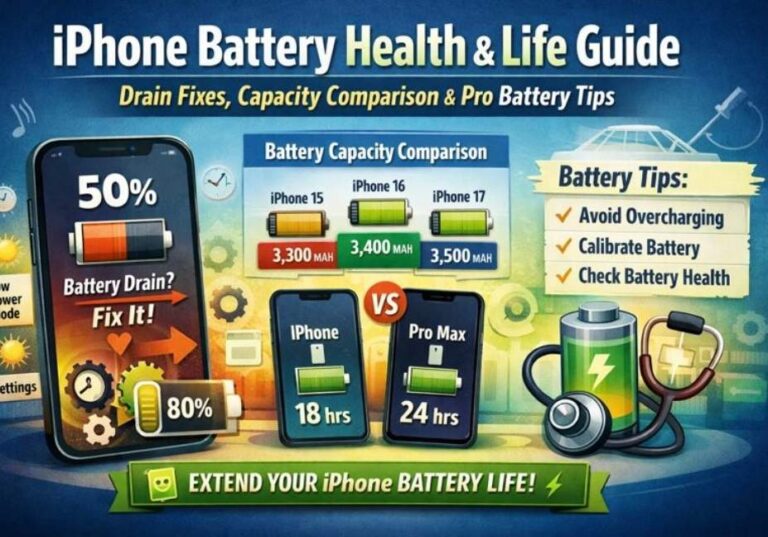 Illustrative guide showing iPhone battery health, battery life comparison for iPhone 15, 16, 17 Pro & Pro Max, drain fixes, and tips to extend battery life