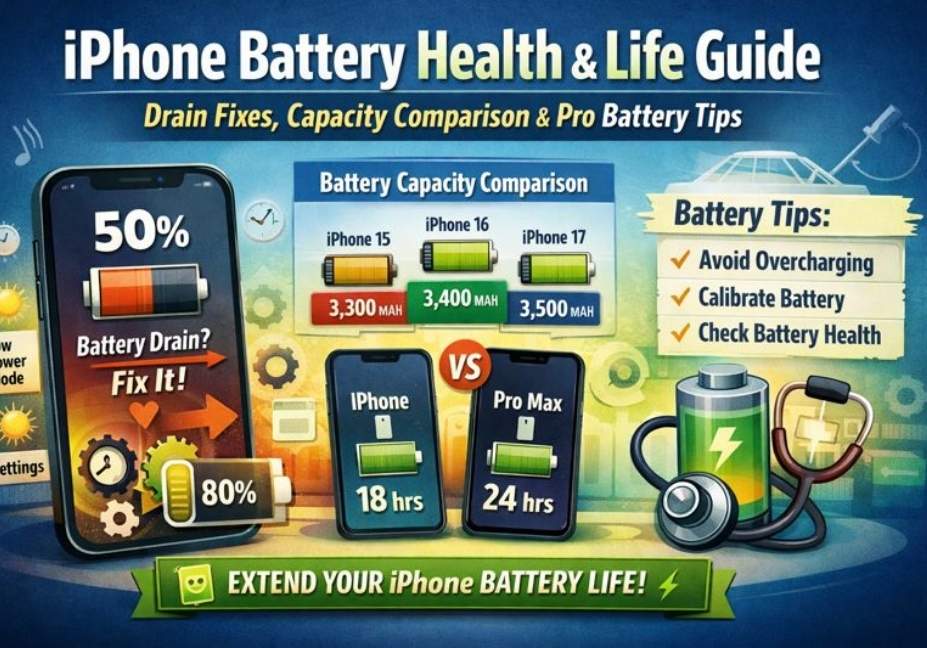 Illustrative guide showing iPhone battery health, battery life comparison for iPhone 15, 16, 17 Pro & Pro Max, drain fixes, and tips to extend battery life