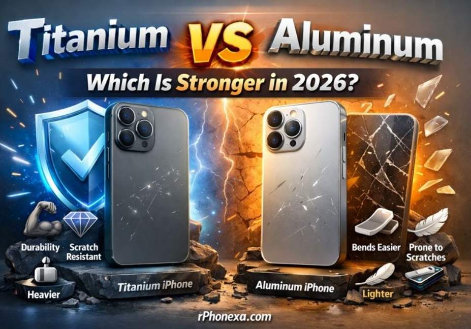 “Titanium vs Aluminum iPhone comparison in 3D showing durability, scratch resistance, weight, and bending differences for 2026 with icons and bold labels.”